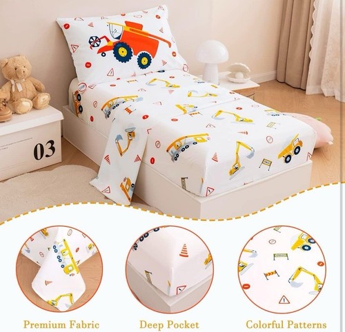 NEW- Perfemet 4 Piece Construction Toddler Bedding Set Excavator Truck Boy - Picture 4 of 8