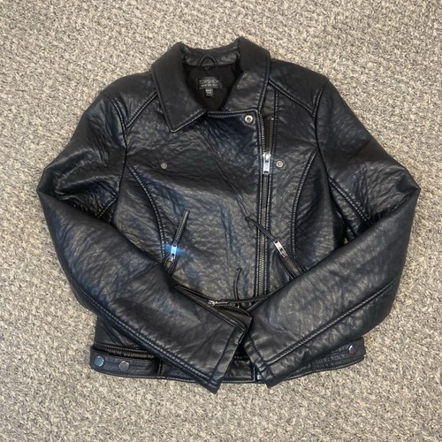 Topshop Leather Jacket Womens Black Faux Black Moto Biker Zippers Size 8