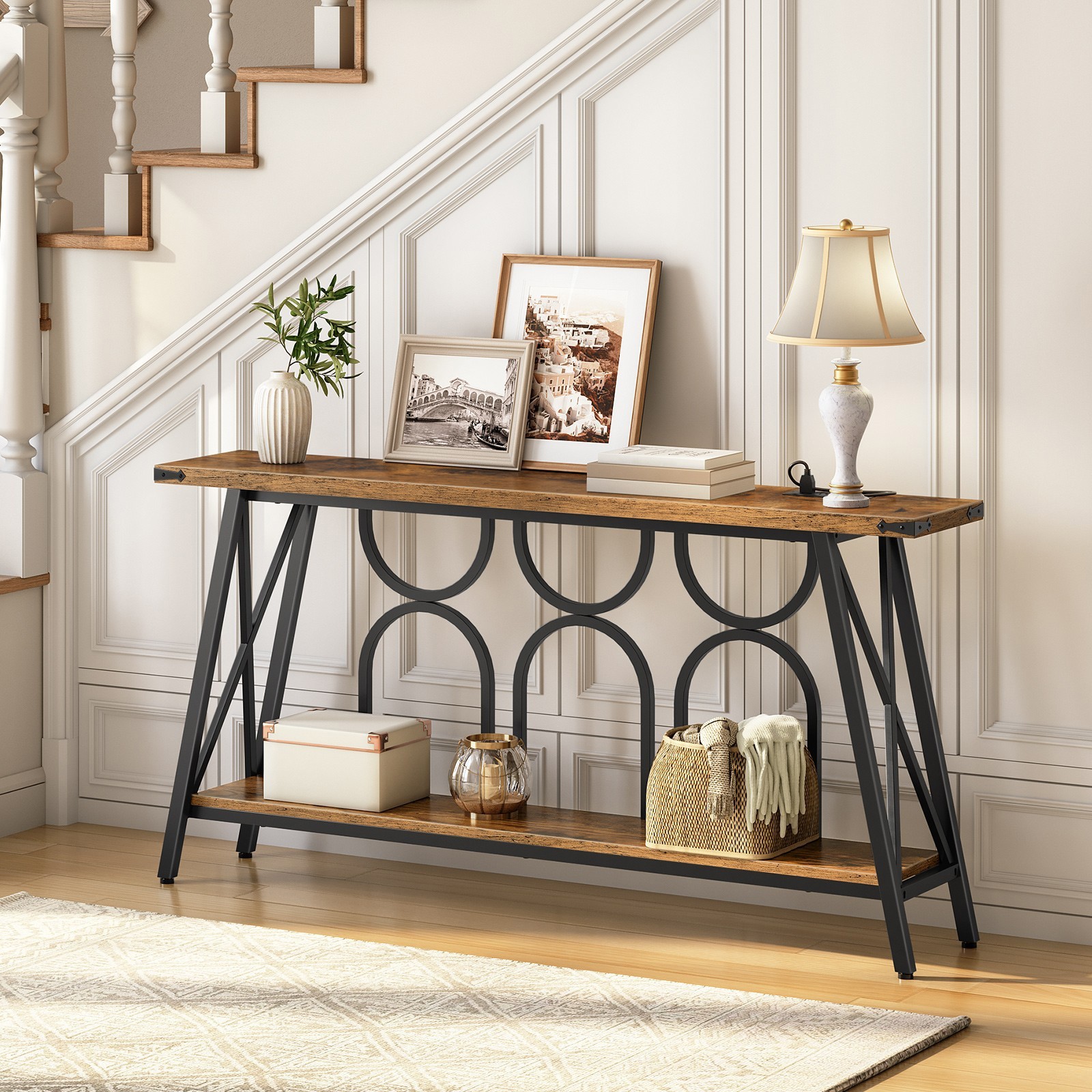 HOOBRO Console Table with Charging Station Sofa Table 63"L x 11.8"W x 31.5"H