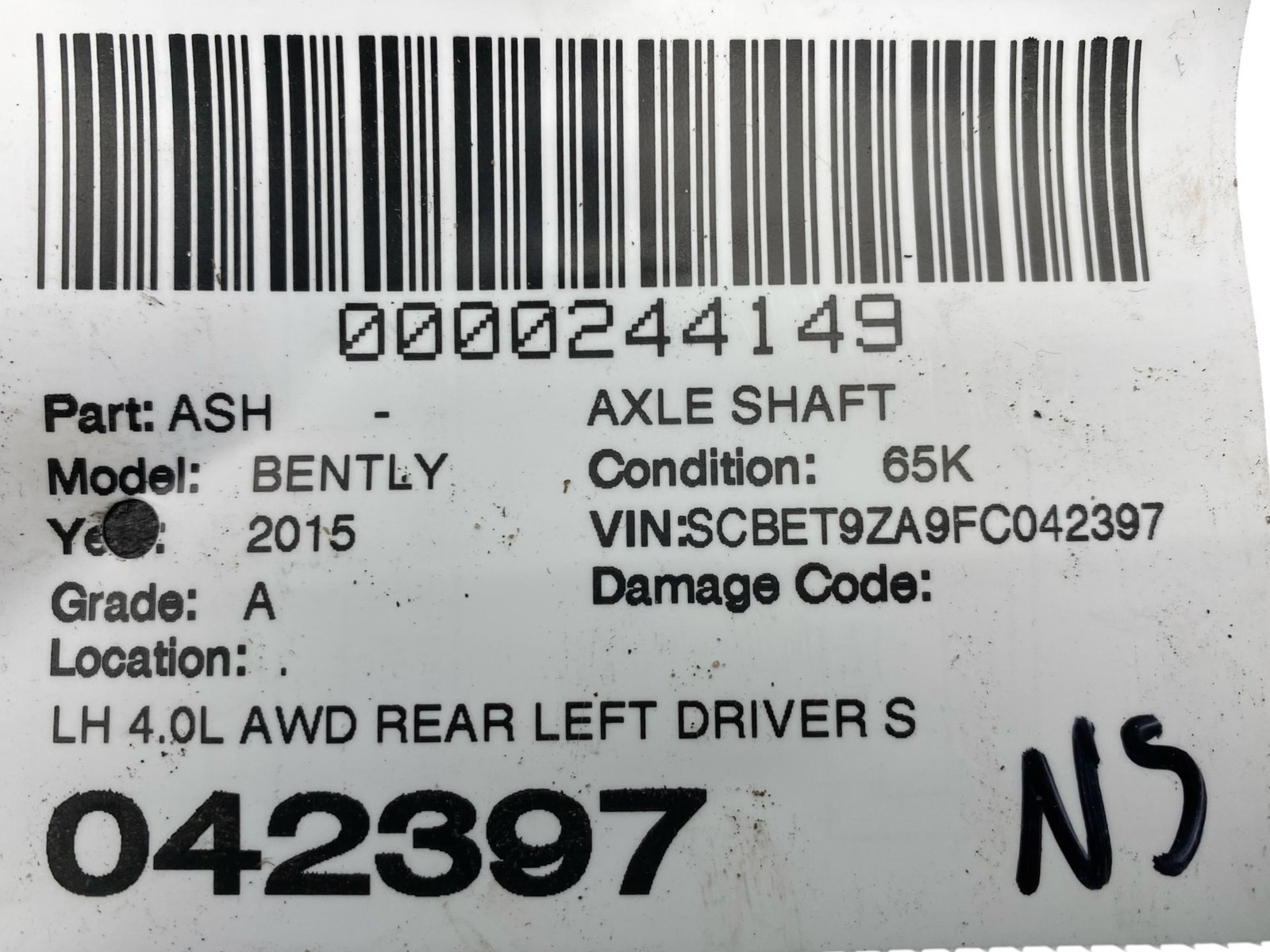 2013-2019 BENTLEY FLYING SPUR 4W 223B 4.0L AWD REAR LEFT CV AXLE SHAFT 65K MILES