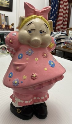 Vintage Extra Large Hand Painted Pink Ceramic Girl Pig With Bow Figure 14'' Tall