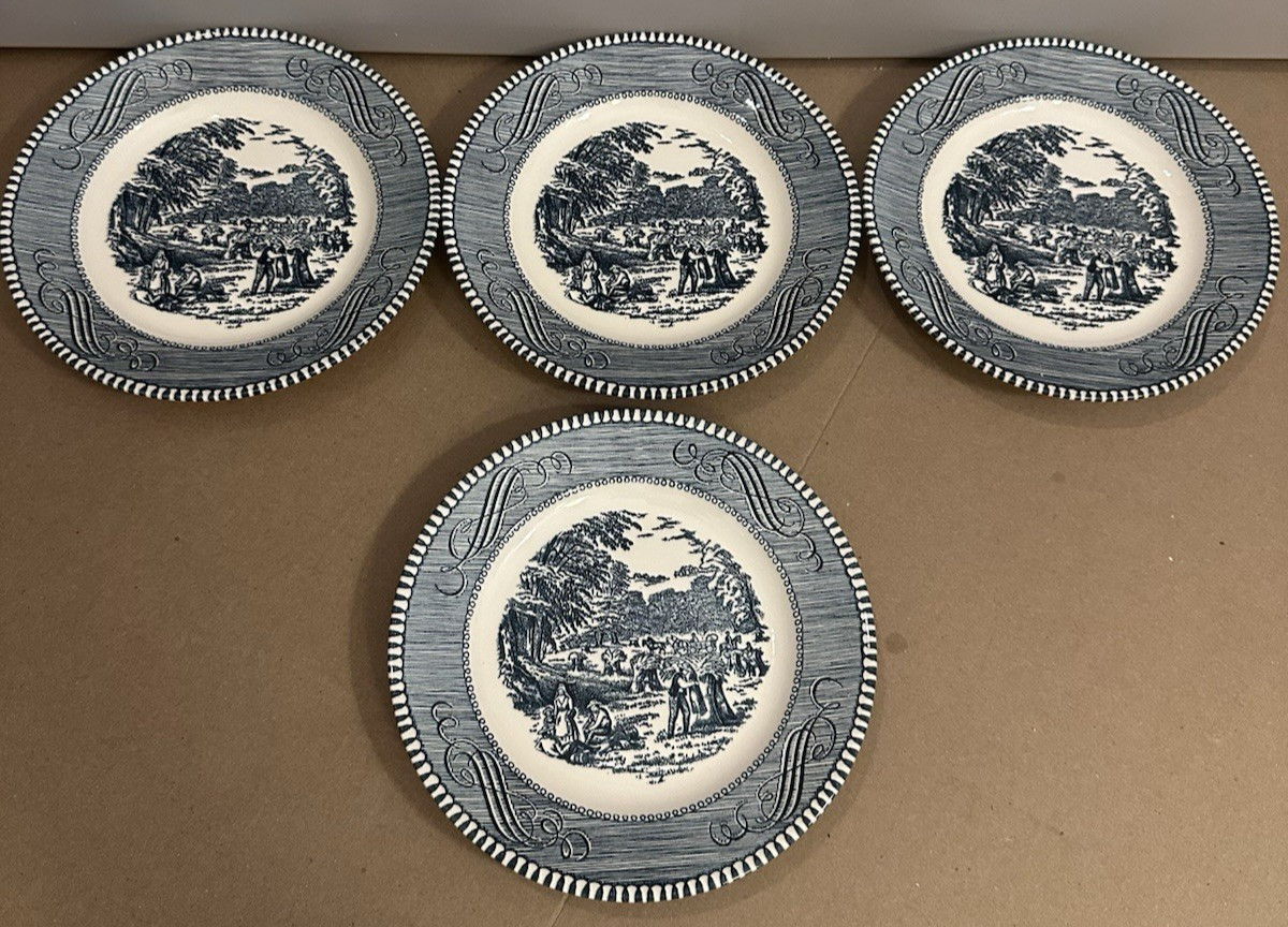 Currier & Ives Royal China Salad Dessert Bread Plates Blue Transfer Set Of 4