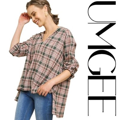 L UMGEE OLIVE  Plaid Roll sleeve hi-lo hoodie V-NECK Top/Blouse/Shirt BHCS