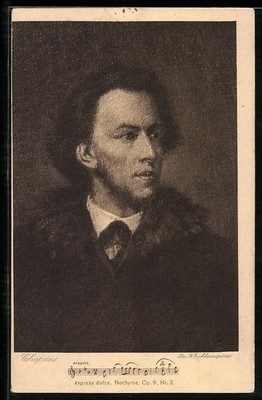 AK Chopin im Porträt mit Musiknoten express dolce. Nocturne, Op. 9, Nr. 2 