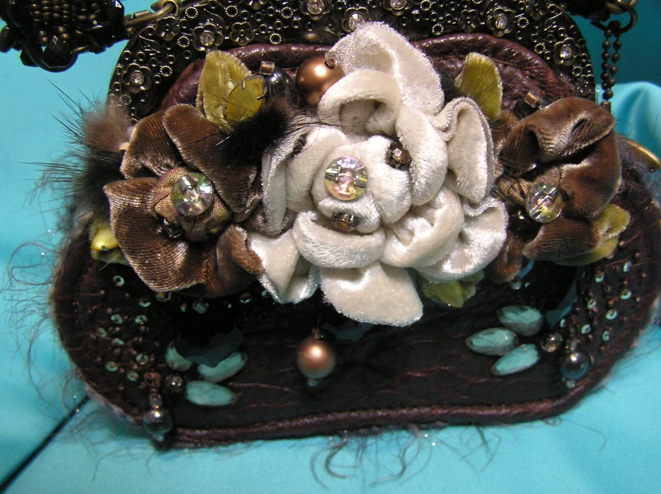 Mary Frances $298 evening occasion jeweled bag purse clutch Brown/olive/Ivory - Image 3 of 4