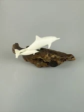 John Perry Sculpture Two Dolphins on Burl Wood Mother and Baby