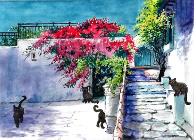 Cats - Cats In A Flowered Stairway, Flower Art, Black Cat Art, Flowers Print- DS