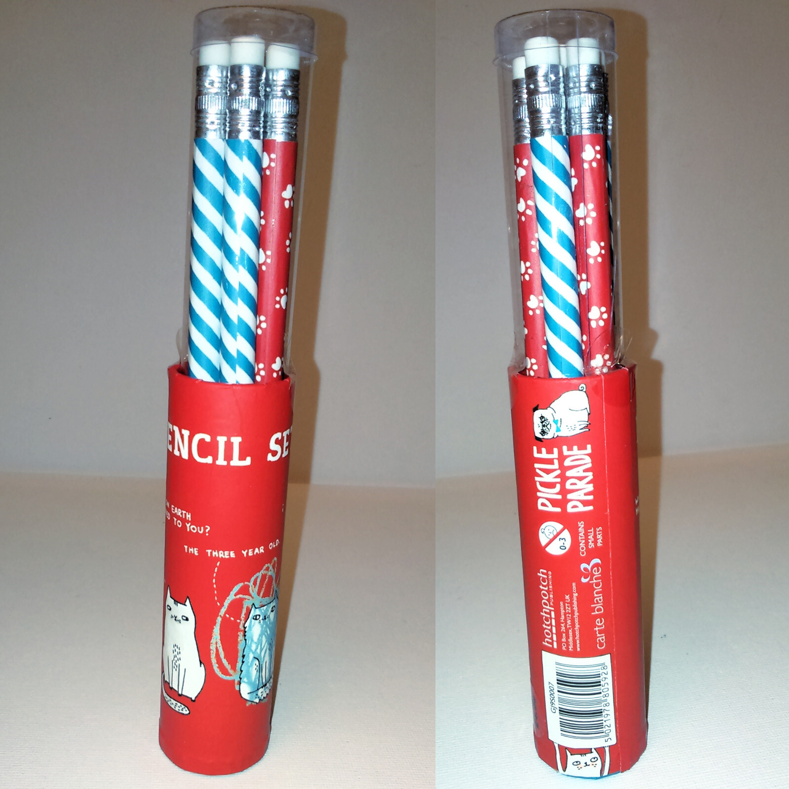PAIR 6 Pack ERASER TOP PENCILS Pickle Parade Cats STRIPED RED PAW PRINT 2 TUBES