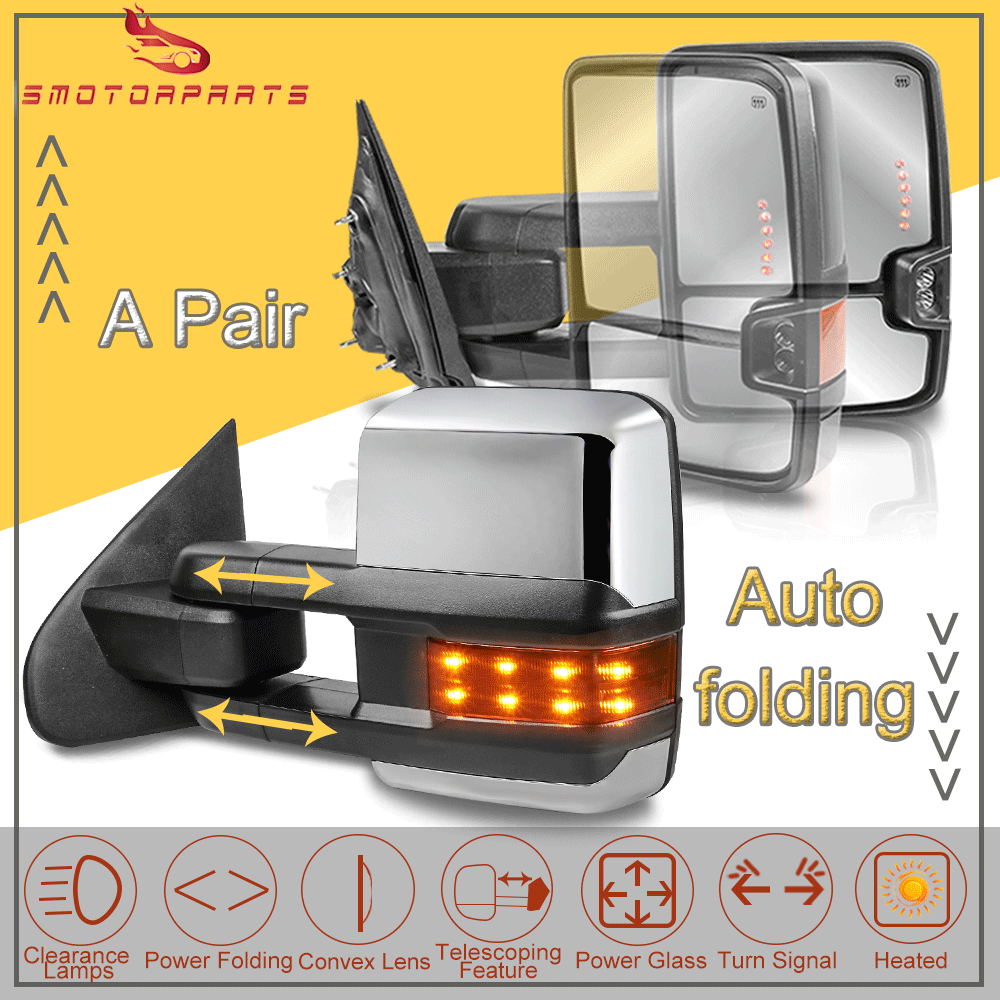 OCPTY Towing Mirrors With Power Heated Left Right Side Tow Mirrors Compatible With 2008-2013 For Chevy Silverado/for GMC Sierra All Models Turn Signal Light Light Puddle Light With Black Housing, Towing Mirrors