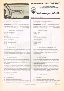Volkswagen 60/61 Blaupunkt Autoradio, orig. Einbauanleitung 1961