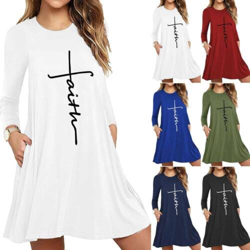 Women Baggy Short Sleeve Dress Ladies Casual Letter Print Long Dresses Plus Size - Picture 1 of 15