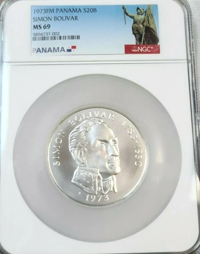 1973 PANAMA SILVER 20 BALBOAS SIMON BOLIVAR NGC MS 69 STUNNING GEM BU TOP POP 