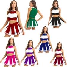 Womens Cheer Leader Costume Uniform Cheerleading Crop Top +Pleated Mini Skirt