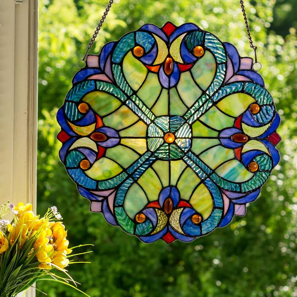 Tiffany Style Stained Glass Round Window Panel Boho Heart Hanging Sun  Catcher