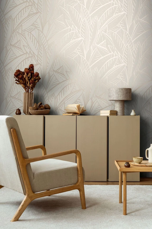 Vliestapete Blattmuster Dschungel Tropen Grau Creme Metallic 39933-3 (2,72€/1qm) - Bild 1 von 4