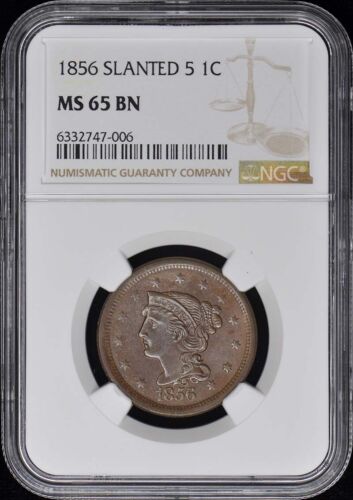 1856 SLANTED 5 Coronet, Braided Hair Cent 1C NGC MS65BN - Picture 1 of 2
