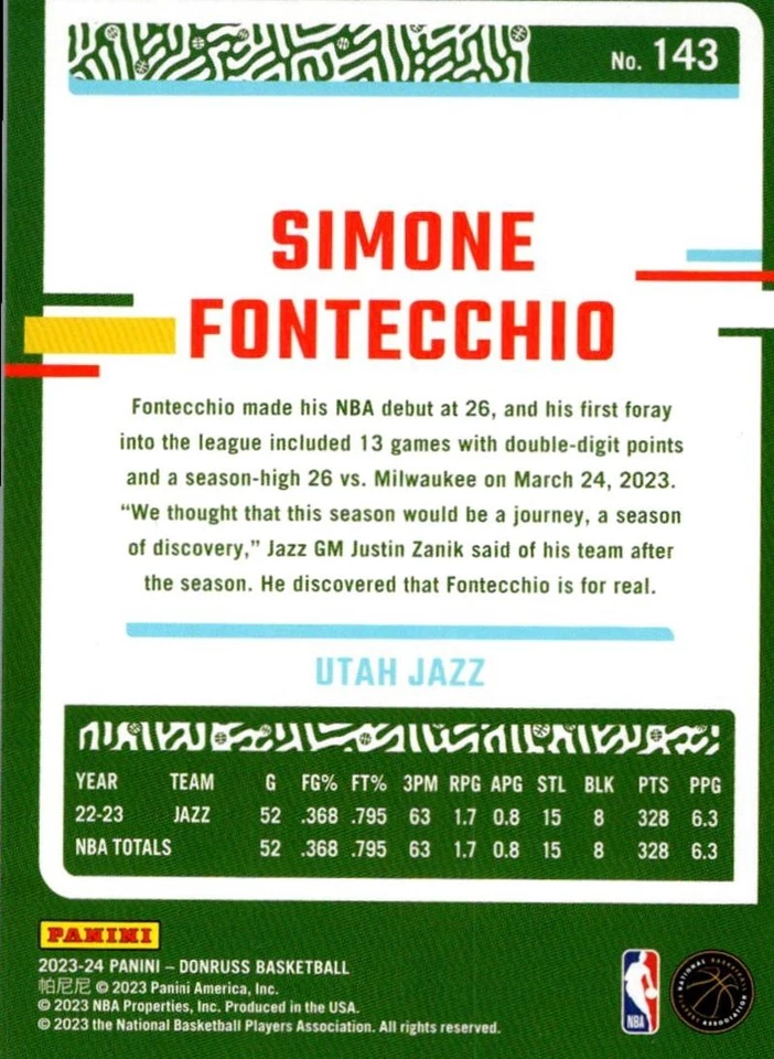 2023-24 Donruss Simone Fontecchio Utah Jazz #143 - Image 2 of 2
