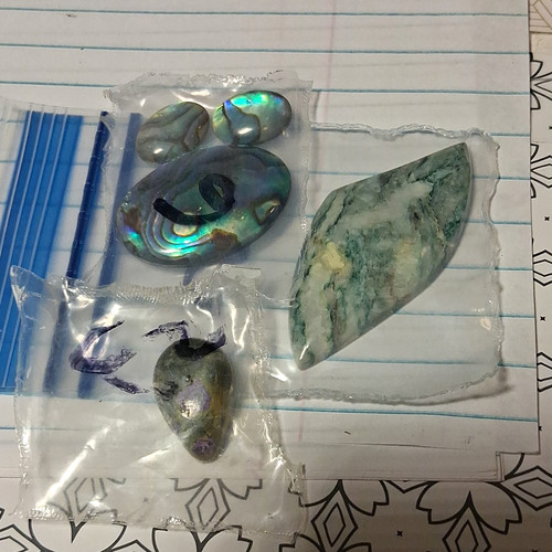 4pc Mixed Gemstone Polished Cabochon Lot, Green Marbled & Iridescent Shell