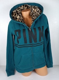 Victoria's Secret VS PINK FUR Hoodie Jacket Logo Dark Teal Leopard Small S