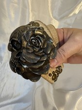 Vintage Heavy Belt Buckle skull rose marked Grail ivory suede studs Rare
