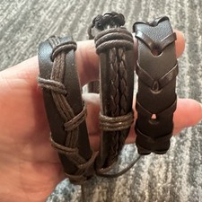 Handmade Bracelets Wrap Brown Faux Leather 3 Cuff Bangle Adjustable Wristband