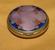 Antique Gold Metal Enamel Guilloche Mirror Powder Box Decorated Red Roses