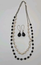 Black White Beaded Necklace Earrings Set Layered Faceted Statement Jewelry 37