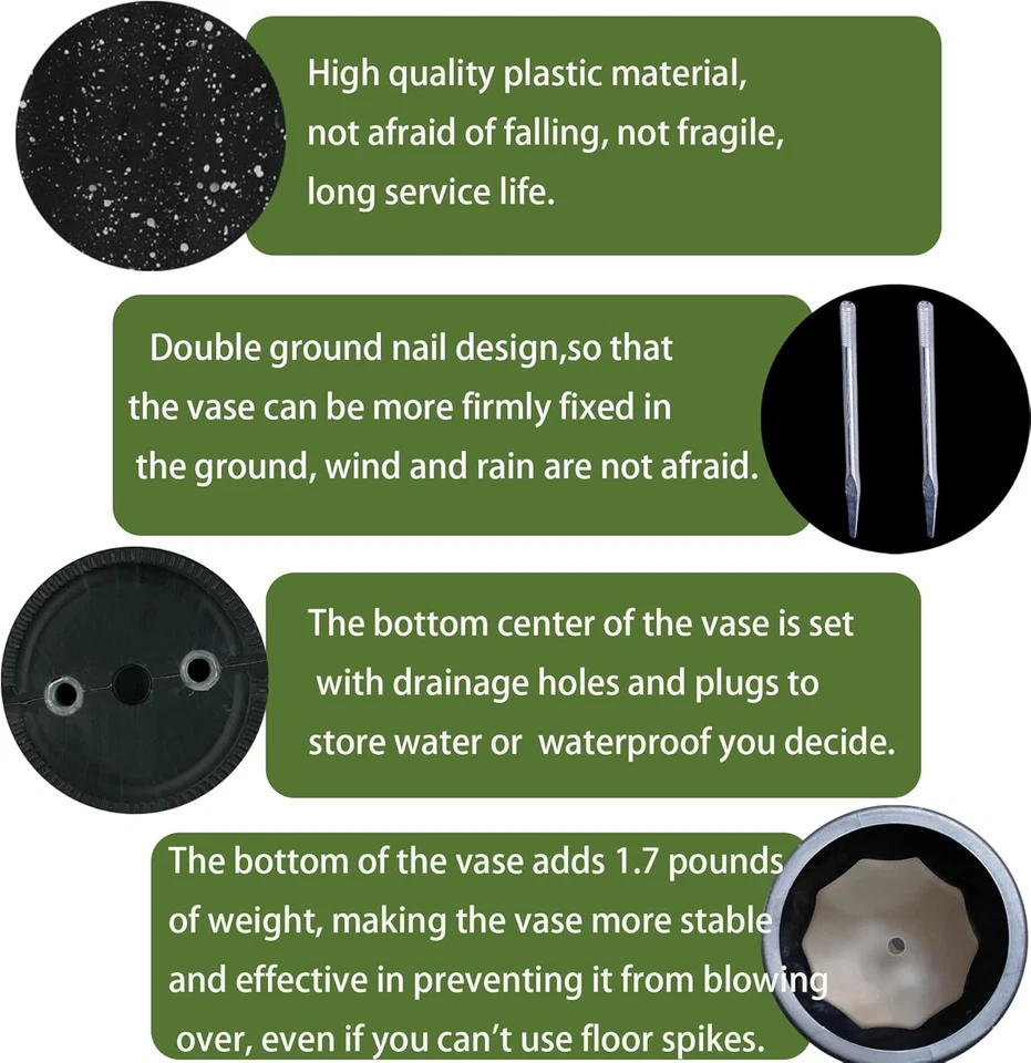 Cemetery Vases Flower Holder - 2PCS Durable Plastic with Metal Spikes, Black - Image 2 of 4