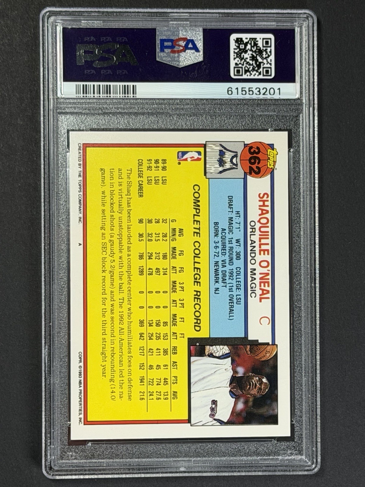 1992 Topps #362 Shaquille O’Neal Rookie PSA 10 view 2