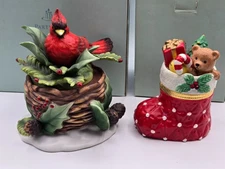 PartyLite Cardinal Bird Christmas Candle Holder  + Stocking Hinged Trinket Box