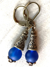dark BLUE BEACH GLASS frosted earring Bronze LEVERBACK artisan XX