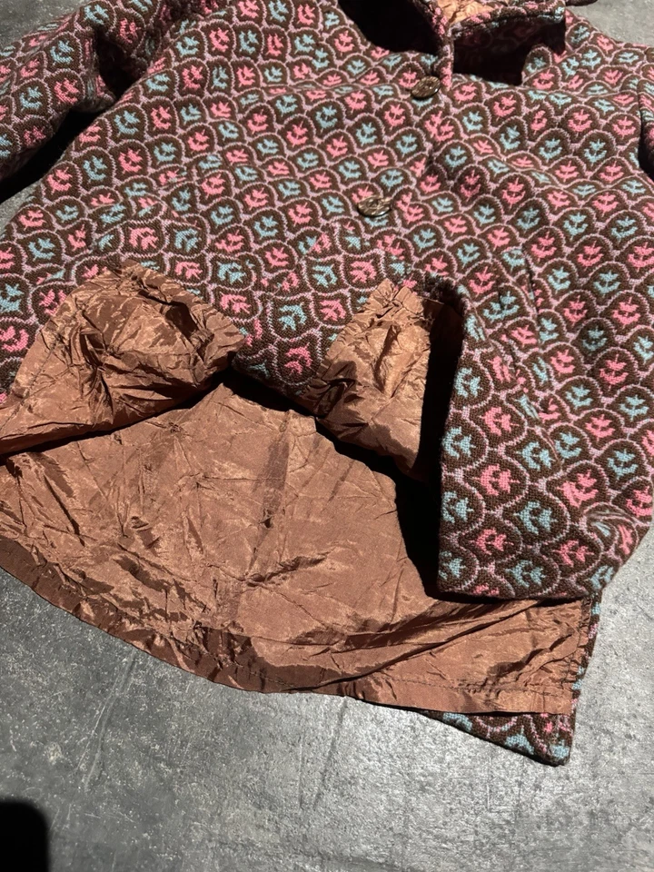 Vintage 1960s Mod European Virgin Wool Tapestry Pea Coat Hand Blocked Floral L - Image 3 of 4