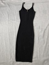 Black Ribbed Maxi Dress Womens Bodycon Spaghetti Strap Gold Zip Slip Slit