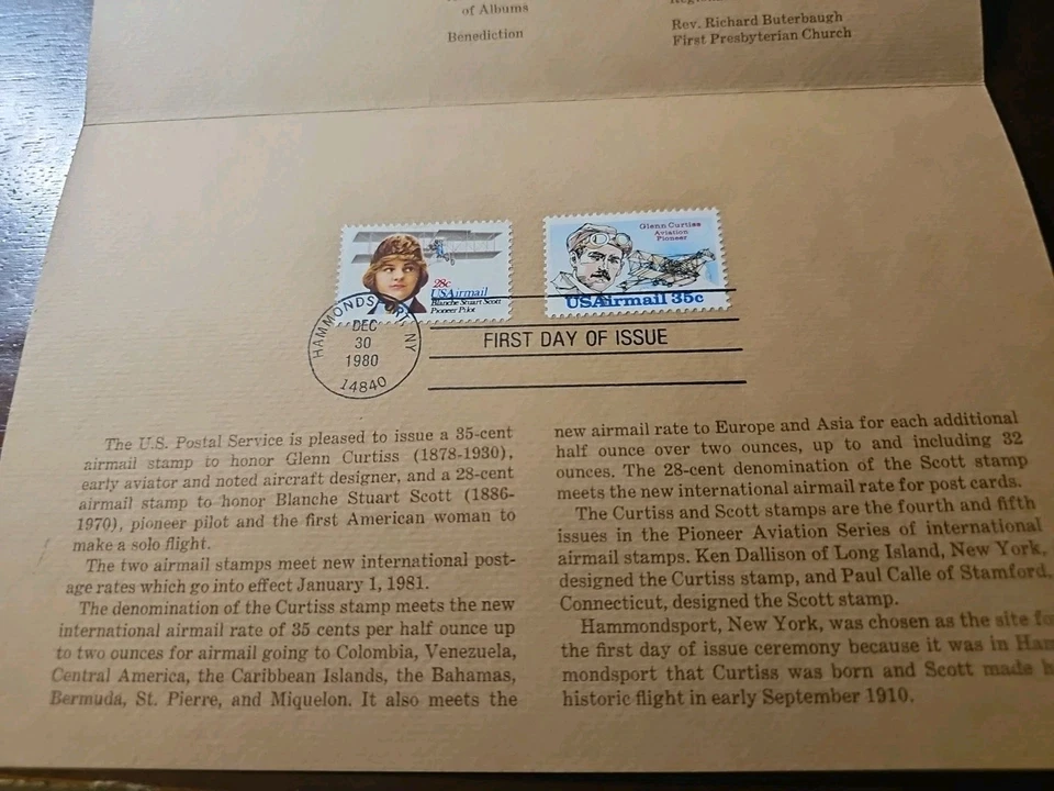 USPS FDC CEREMONY PROGRAM GLENN CURTIS  & BLANCHE  SCOTT W/ FDC'S - Image 4 of 4