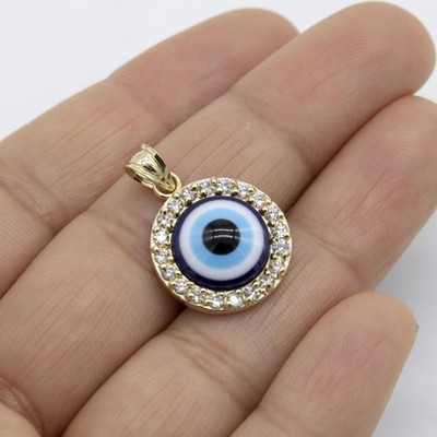 1'' Round Evil Eye Charm Pendant Solid 10K Yellow Gold