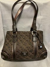 Vintage Liz Claiborne Espresso Brown Shoulder Bag W/ Logo Print  Leather Trim
