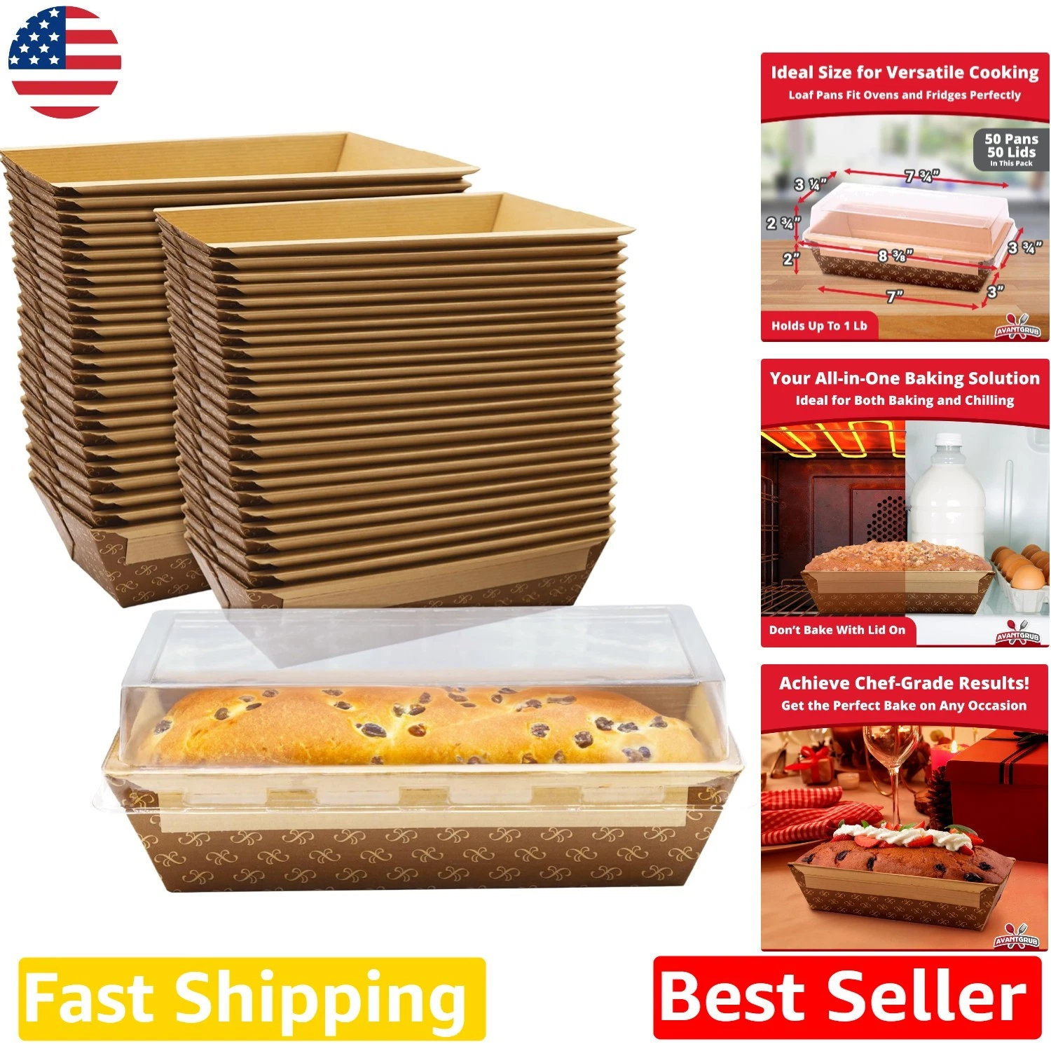 Chef-Grade 50pk Kraft Loaf Pans w/Lids - Oven Safe, BPA-Free, Disposable Bake...