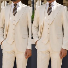 Men's Cream Peak Lapel 3 Piece Slim Fit Wedding Groom Formal Blazer Vest Trouser