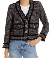 Tweed Fray Hem Boucle Blazer Jacket Silver Thread Pearl Button Aqua Xs