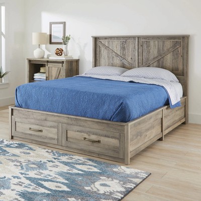Modern Farmhouse Queen Platform Bed Headboard Storage Rustic Gray Finish