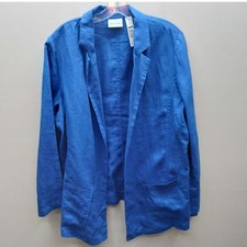 Chico's 100 Linen Open Front Blazer Jacket Blue Size 2 US Large Pockets Office