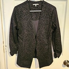Woman's leopard print open front blazer suit jacket 3/4 ruched sleeves sz. Small