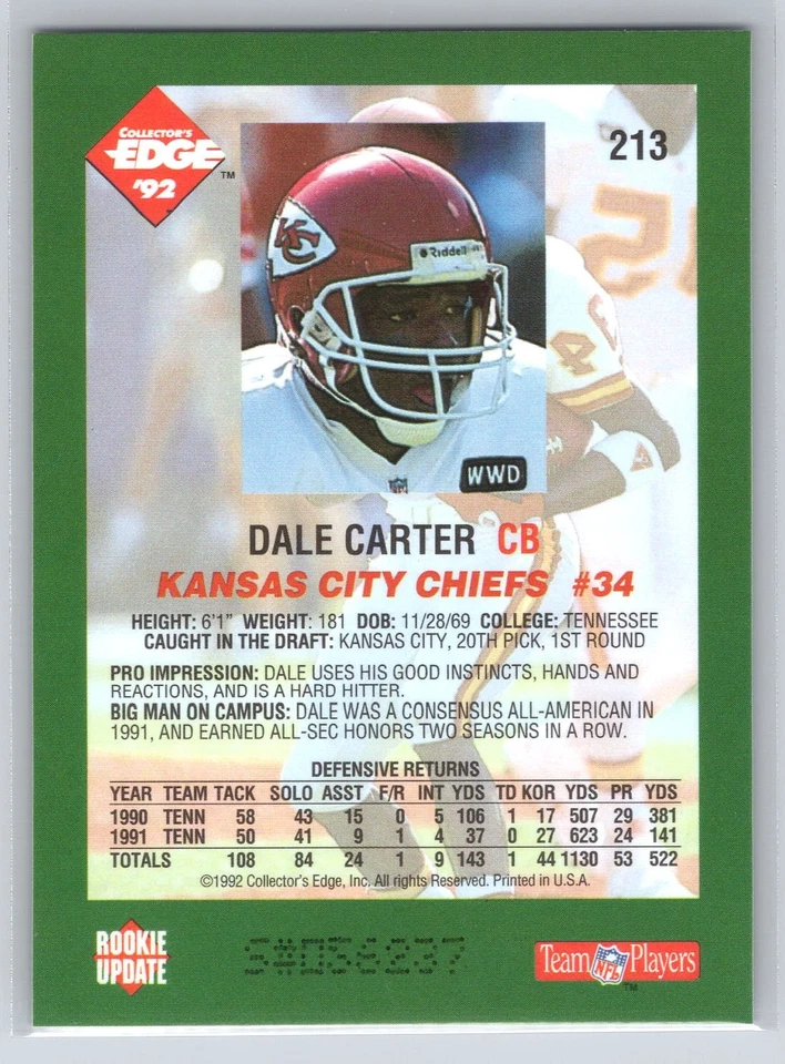 1992 Collector's Edge #213 Dale Carter - RC Rookie - Chiefs - MINT - Image 2 of 2