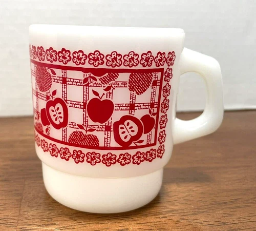 Fire King Anchor Hocking Milk Glass Red Apples Plaid Coffee Mug D Handle 