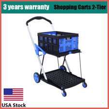 Collapsible Utility Cart Multi Use Functional Shopping Carts 2-Tier with Baskets