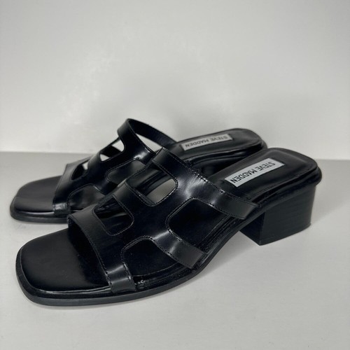Steve Madden Womens Princess Slides Shoes Sandals Block Heel Leather Black 6 - Picture 3 of 8