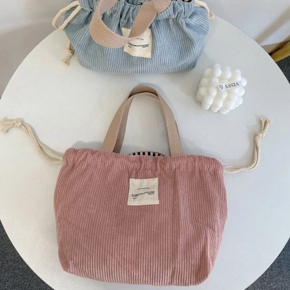 Bolsa de almuerzo de pana de lona caja de almuerzo con cordón bolsa de picnic bolsa de almacenamiento de alimentos Foto 3 de 4