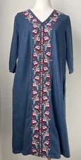 Go Softly Patio Dress Floral Colorful Embroidered Blue Chambray Denim Size Small