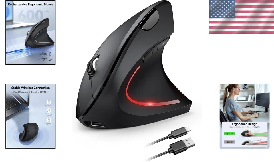 Advanced Ergonomic Wireless Mouse - Silent Clicks, Rechargeable & Adjustable DPI - Image 2 of 4
