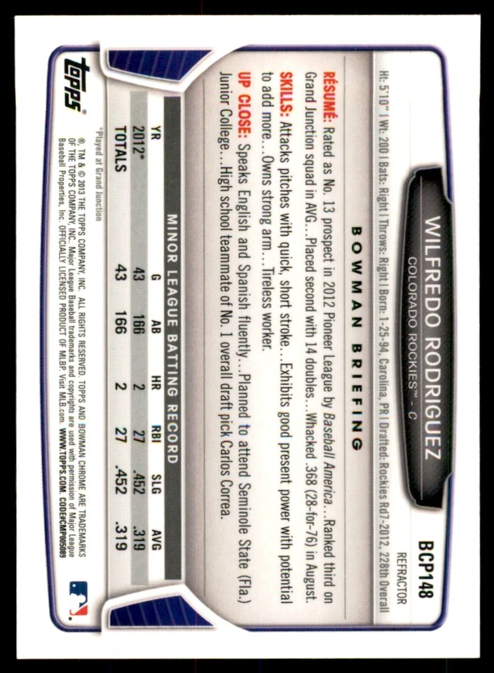 2013 Bowman Chrome Wilfredo Rodriguez Baseball Cards #BCP148 - Image 2 of 2